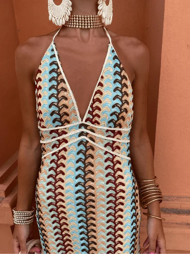 Chic V-neck boho printed maxi dress for women, ideal as a wedding guest or summer party vacation dress.