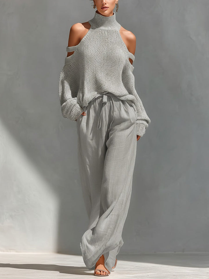 Women's relaxed fit cold shoulder top and wide leg pants set. Perfect matching two-piece for summer resort style.