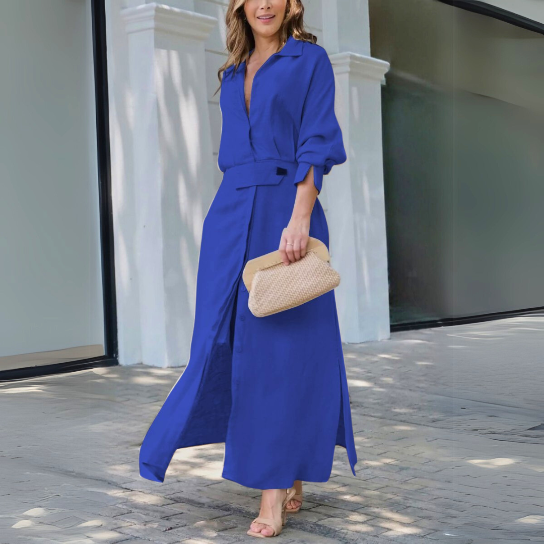Stylish collared maxi shirt dress for women. A chic, versatile choice for weddings, parties, or smart casual wear.