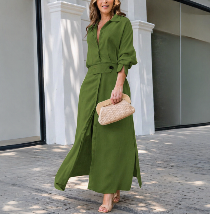 Fashionable women's long sleeve collared maxi dress. Comfortable and elegant for any wedding or formal occasion.