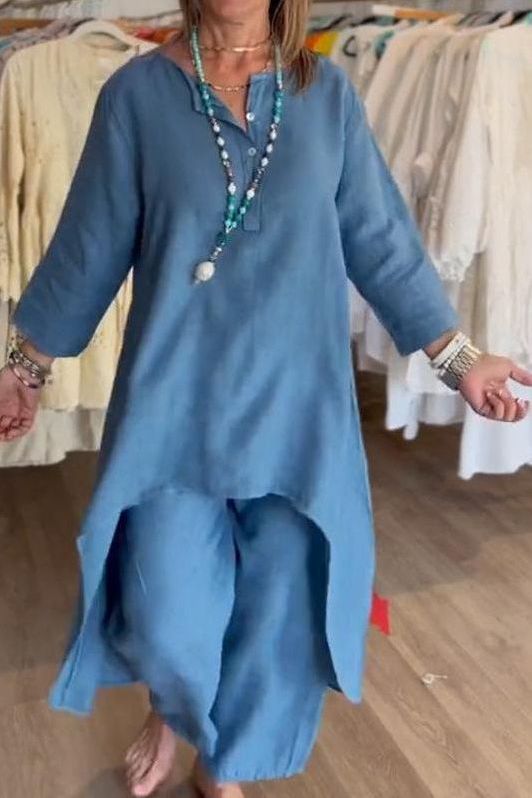 Woman wearing a chic coordinated outfit set, perfect for daily elegance and comfort.