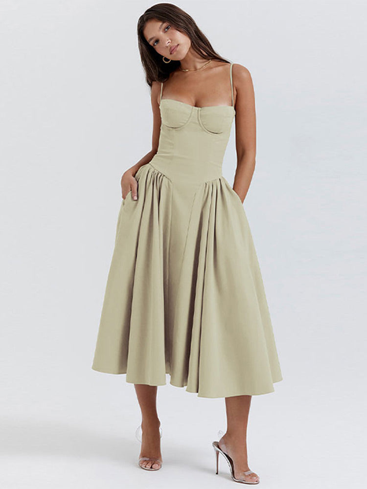Elegant sleeveless midi corset dress for women. Ideal for wedding guests, formal events, and summer parties.