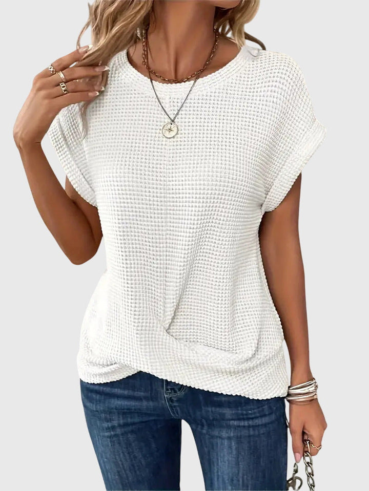 Modern women's crew neck blouse, a chic long sleeve top offering versatile style for any casual or professional setting.