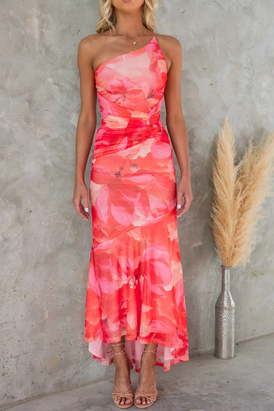 Vibrant floral one-shoulder maxi dress for women, a stylish choice for summer weddings & special occasions.