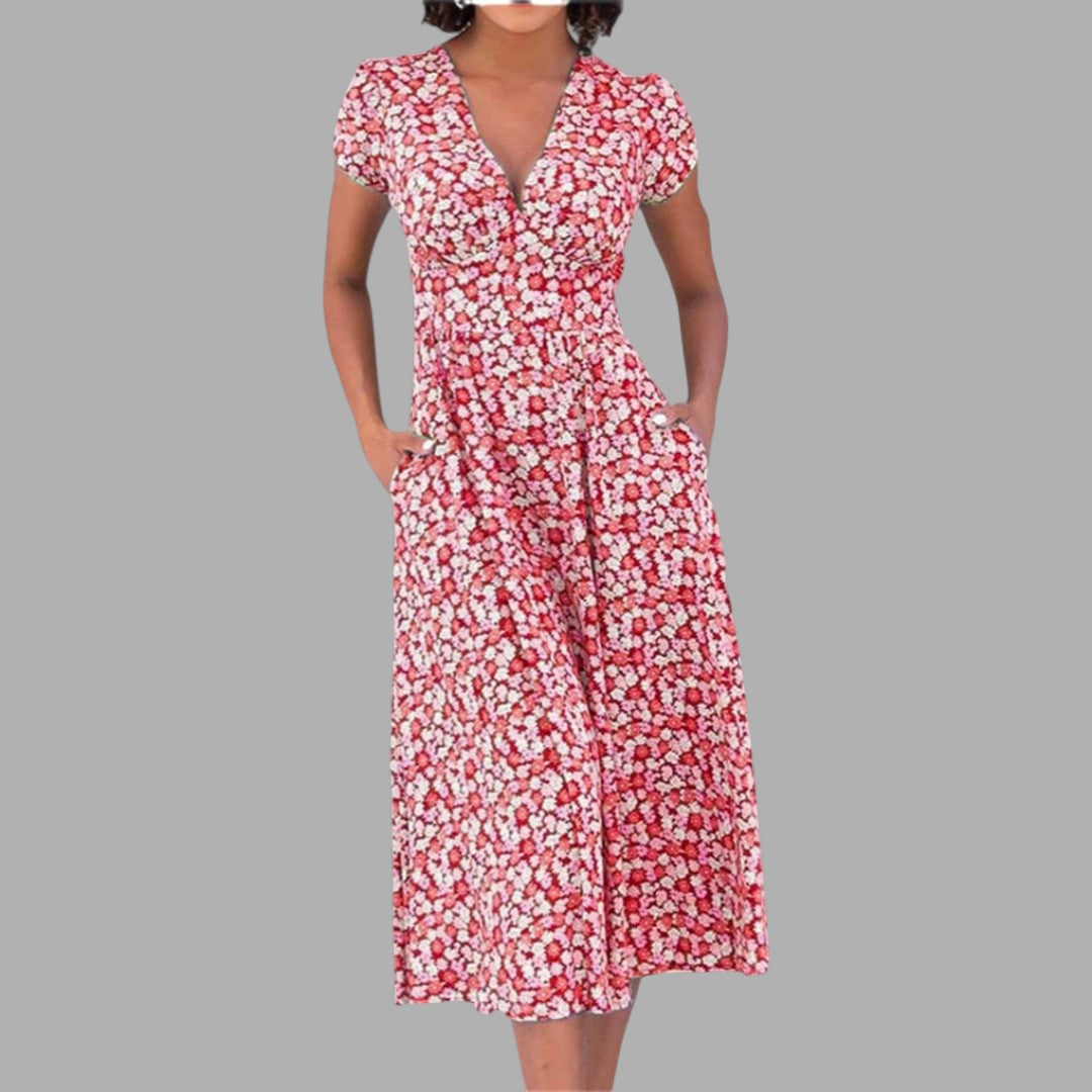 Elegant women's floral print V-neck midi dress, featuring short sleeves and convenient pockets, ideal for day or evening.
