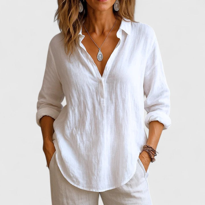 Elegant women's blouse; a comfortable, versatile casual top for everyday spring & summer fashion. Chic apparel.