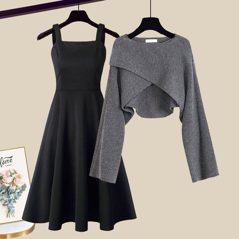 Chic women's knit dress set with layered design, perfect for versatile everyday or party wear. Available in grey & brown.