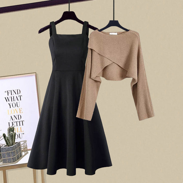 Stylish women's layered knit dress & cropped top set. Versatile A-line ensemble for chic comfort & everyday fashion.