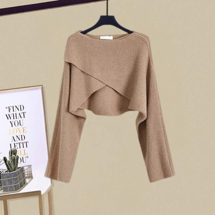 Elegant women's layered knit dress set with A-line silhouette & cropped top. Versatile for work, party, or casual wear.