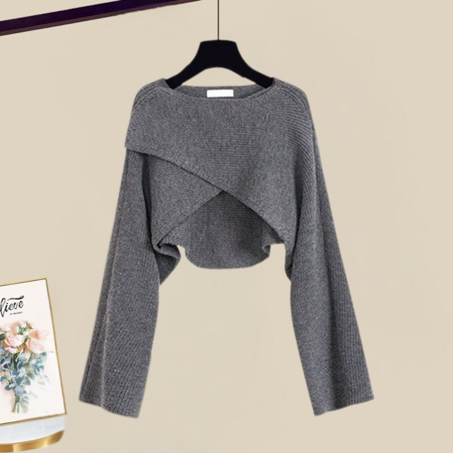 Women's versatile knit dress set in chic grey or brown. Layered design with A-line dress & cropped top for stylish comfort.