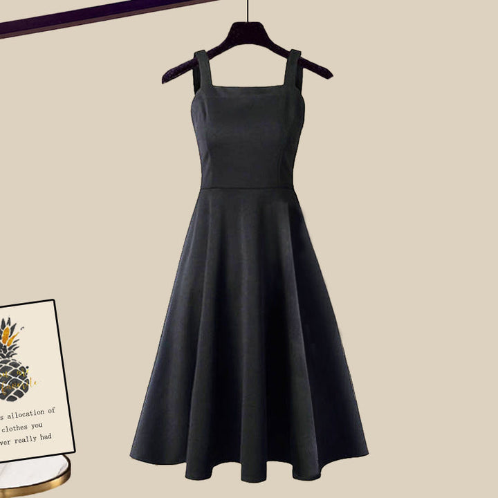 Women's chic knit dress set featuring a layered A-line dress & cropped top. Ideal versatile outfit for stylish comfort.