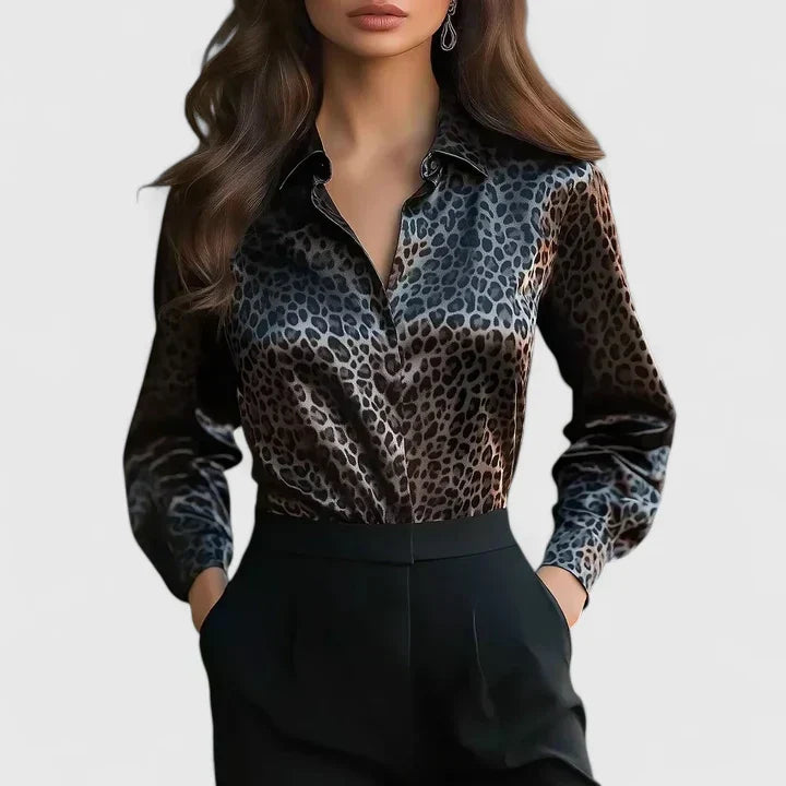 Chic women's leopard print long sleeve collared blouse, perfect for versatile everyday or office wear.