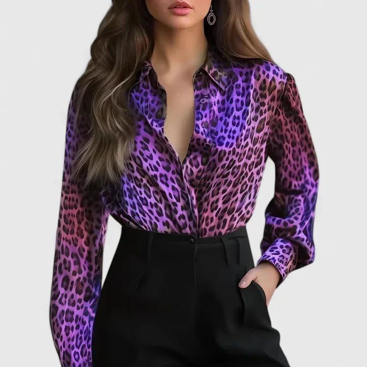 Versatile women's long sleeve collared blouse in a trendy leopard print, a chic addition to any wardrobe.