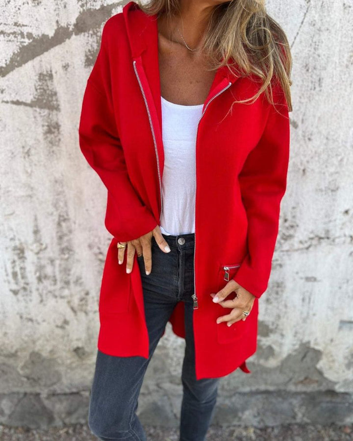 Chic women's long sleeve zipper cardigan. Cozy knit sweater, perfect for effortless everyday fall & winter style.