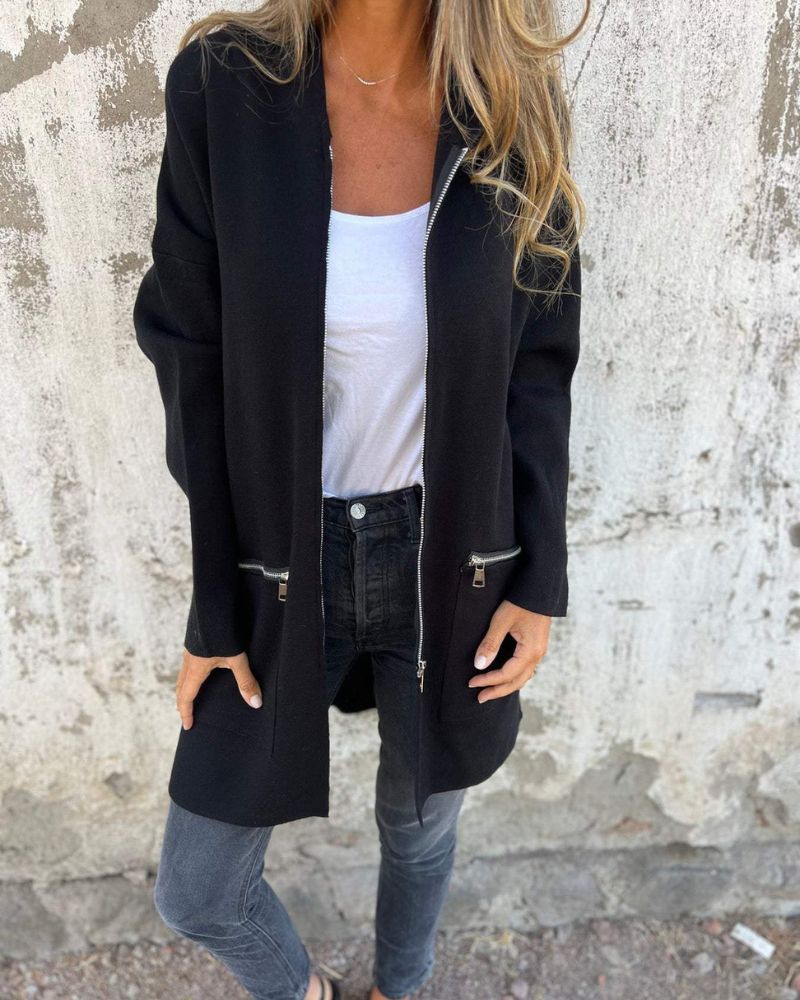 Versatile women's round neck long sleeve zipper cardigan. A cozy knit layer for chic fall and winter outfits.