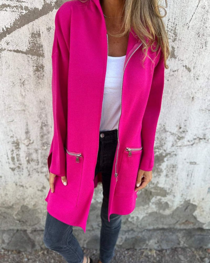 Fashionable women's round neck zipper cardigan. Long sleeve knit sweater, a chic winter essential and cozy top.