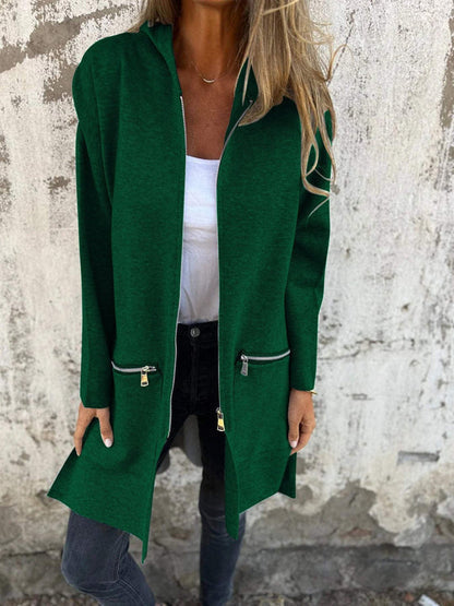 Stylish women's long sleeve round neck zipper cardigan. Soft knit fabric, perfect for cozy fall fashion outfits.