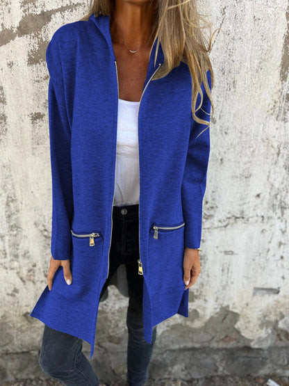 Trendy women's long sleeve zipper cardigan. Chic knit sweater offering versatile layering for fall & winter looks.