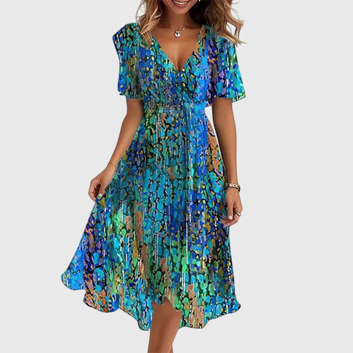 Chic Women's Midi Dress in a flattering silhouette, perfect for effortless style & comfort. Elegant V-neck design.