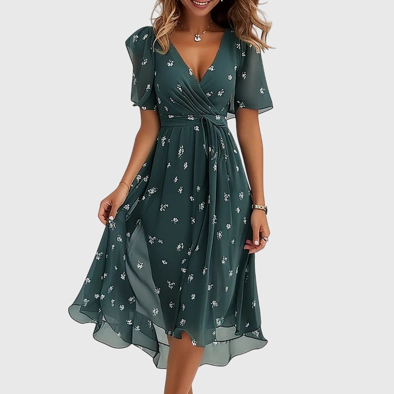 Versatile Women's Summer Midi Dress with V-neck, ideal for various occasions & comfortable warm-weather wear.