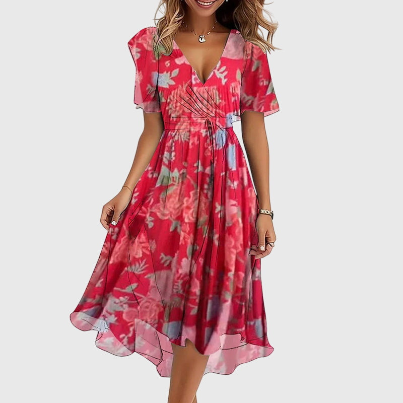 Elegant V-neck Midi Dress for women, offering a chic, flattering fit & comfortable style for any occasion.