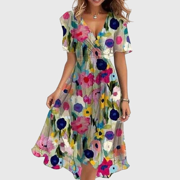 Comfortable & flattering Women's Chic Midi Dress. Effortless V-neck summer dress for elegant style.