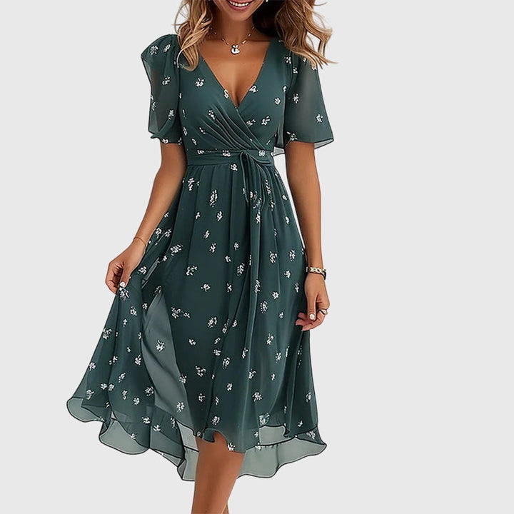 Women's Chic Midi Dress: Elegant V-neck summer dress, versatile & comfortable for occasion wear. Flattering style.