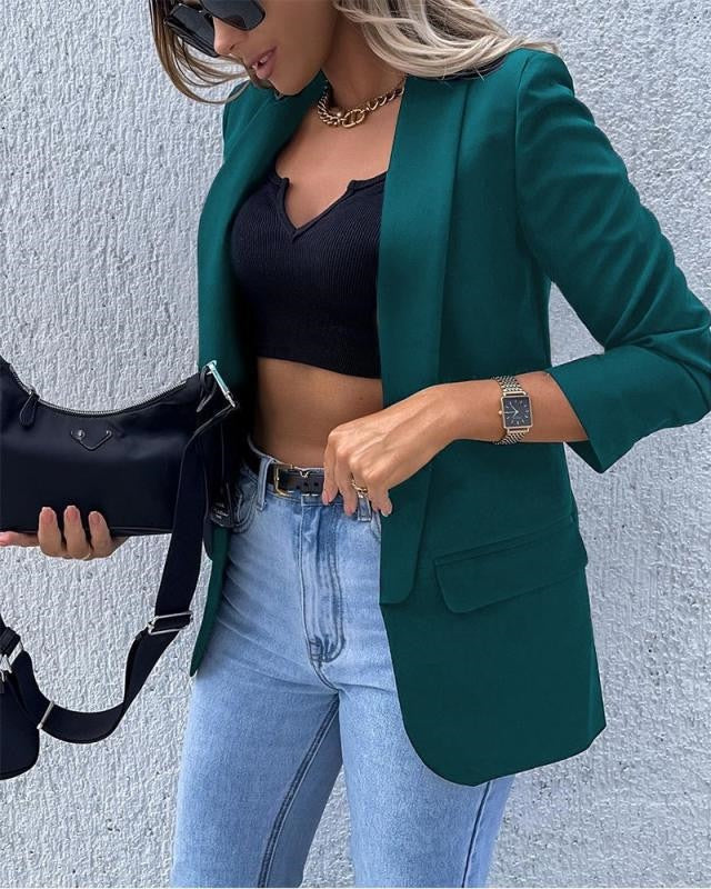 Black women's long sleeve blazer, perfect for professional office wear & modern casual style.