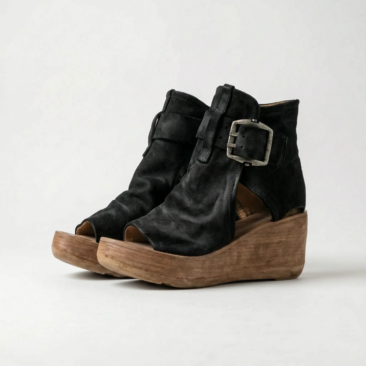 Elegant women's peep toe platform wedge sandals, featuring a buckled ankle strap for stylish summer footwear.