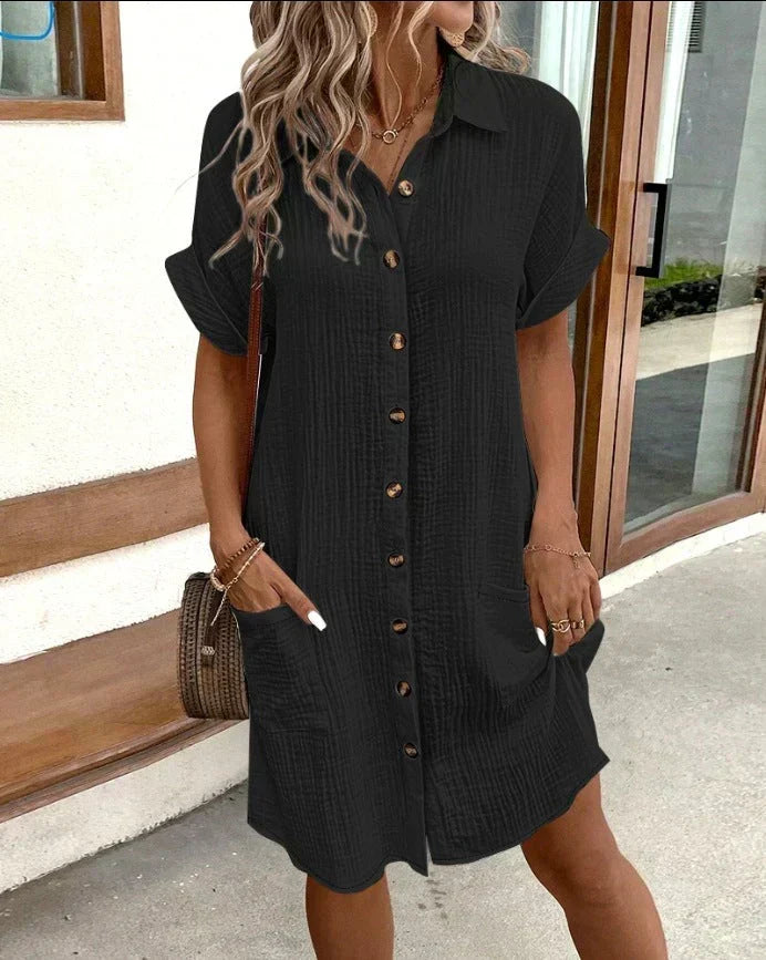 Comfortable women's button-down polo mini dress with pockets, ideal for everyday casual chic.