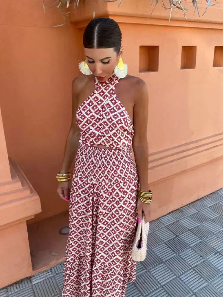 Chic printed halter maxi dress for women, an elegant wedding guest outfit. Perfect for formal events & evening wear.