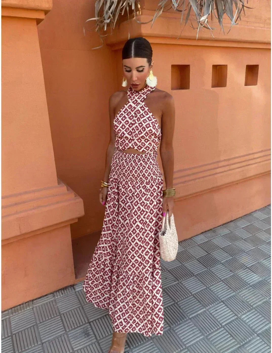 Stunning women's printed halter neck maxi dress, an elegant choice for wedding guests, formal events, and evening wear.