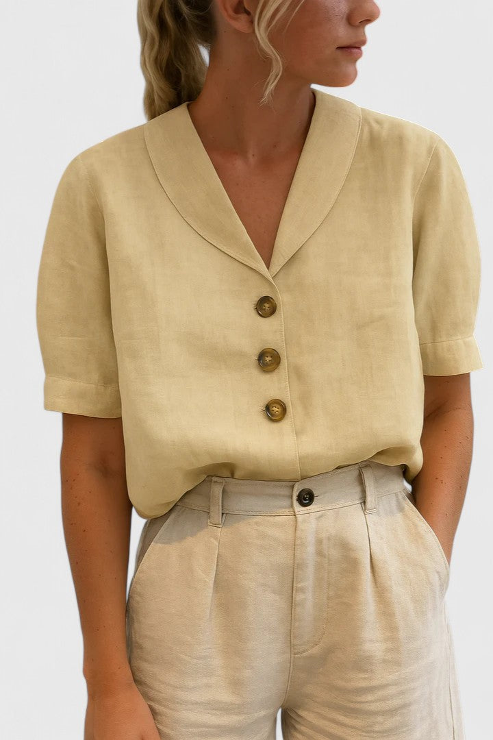 Chic women's sophisticated blouse, a versatile button-up top for elegant casual wear or professional workwear. Perfect for spring/summer.