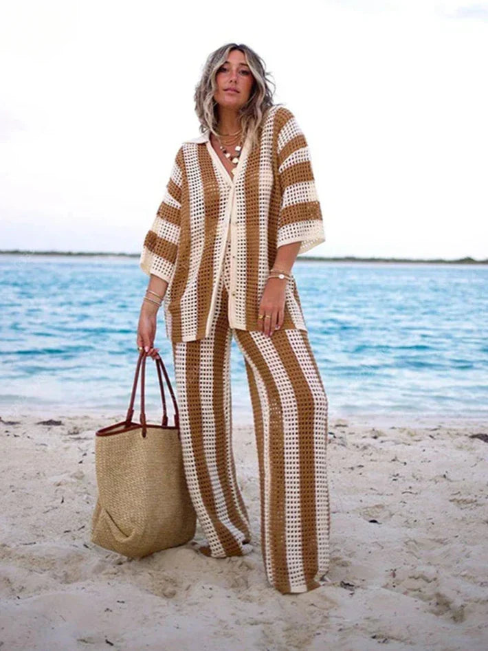 Chic women's striped two-piece summer set, perfect for casual wear, beach, or vacation style.
