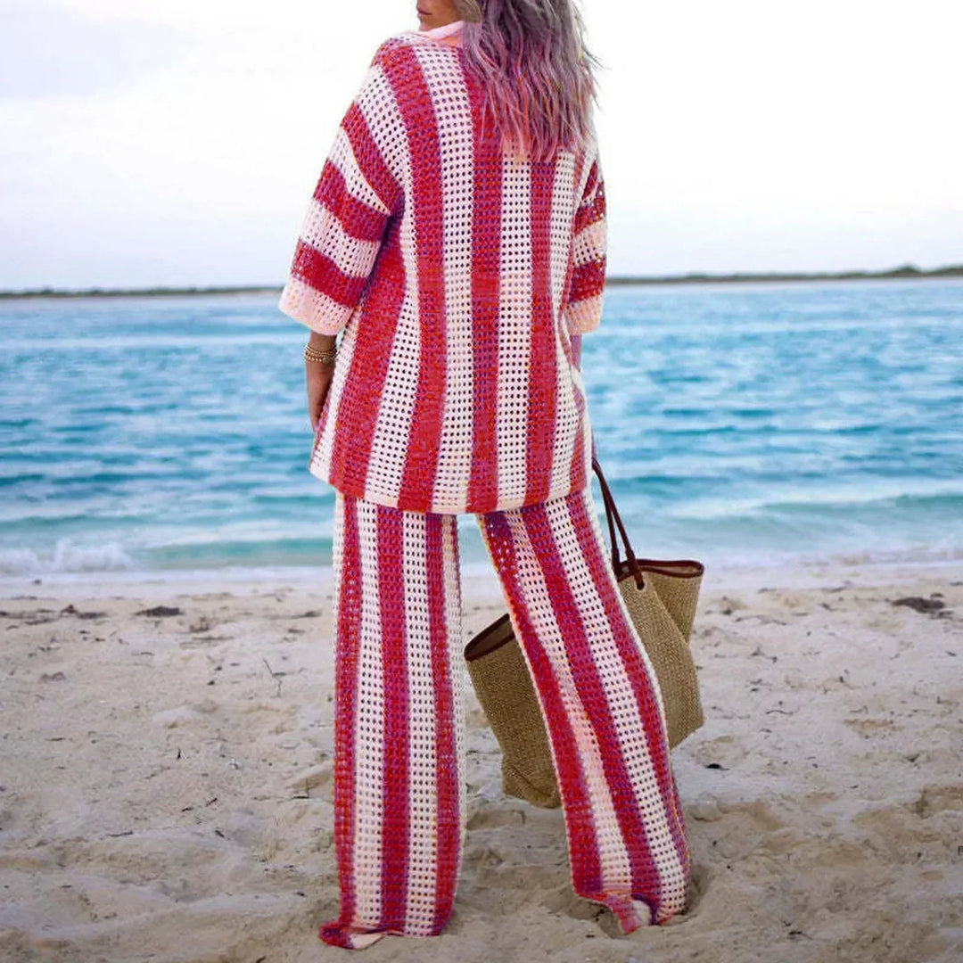 Women's fashion striped two-piece set for summer, offering a chic and casual warm weather outfit.