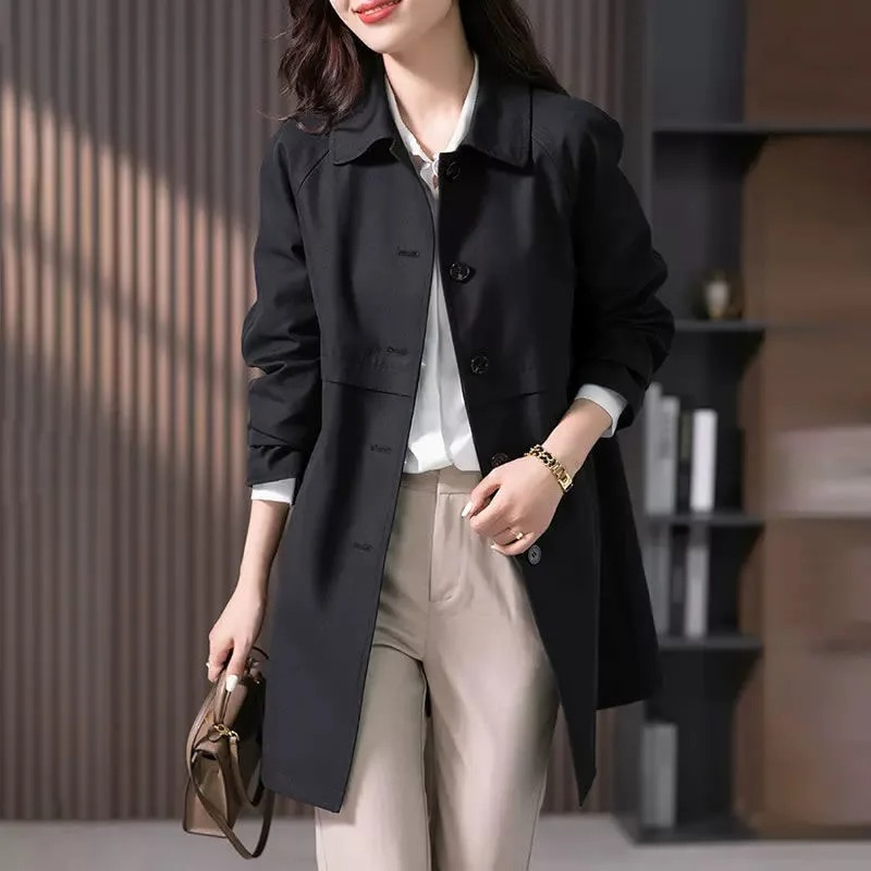 Women's tailored trench coat, chic single-button design. A versatile and elegant long-sleeve jacket for office & casual.