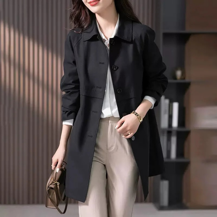 Women's tailored trench coat, chic single-button design. A versatile and elegant long-sleeve jacket for office & casual.