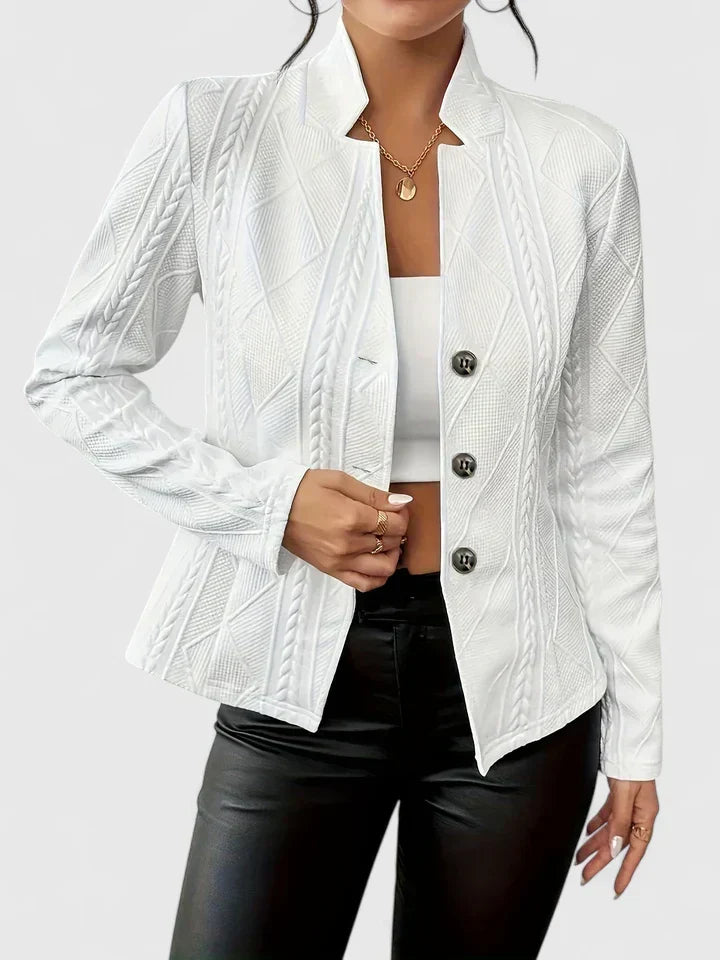Tailored women's textured stand-collar blazer. A chic, modern jacket for office or smart casual outfits.