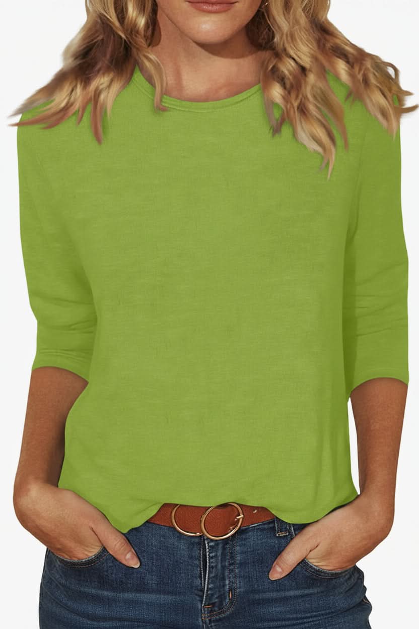 Modern women's chic three-quarter sleeve blouse. A versatile top for elegant casual or dressy outfits.