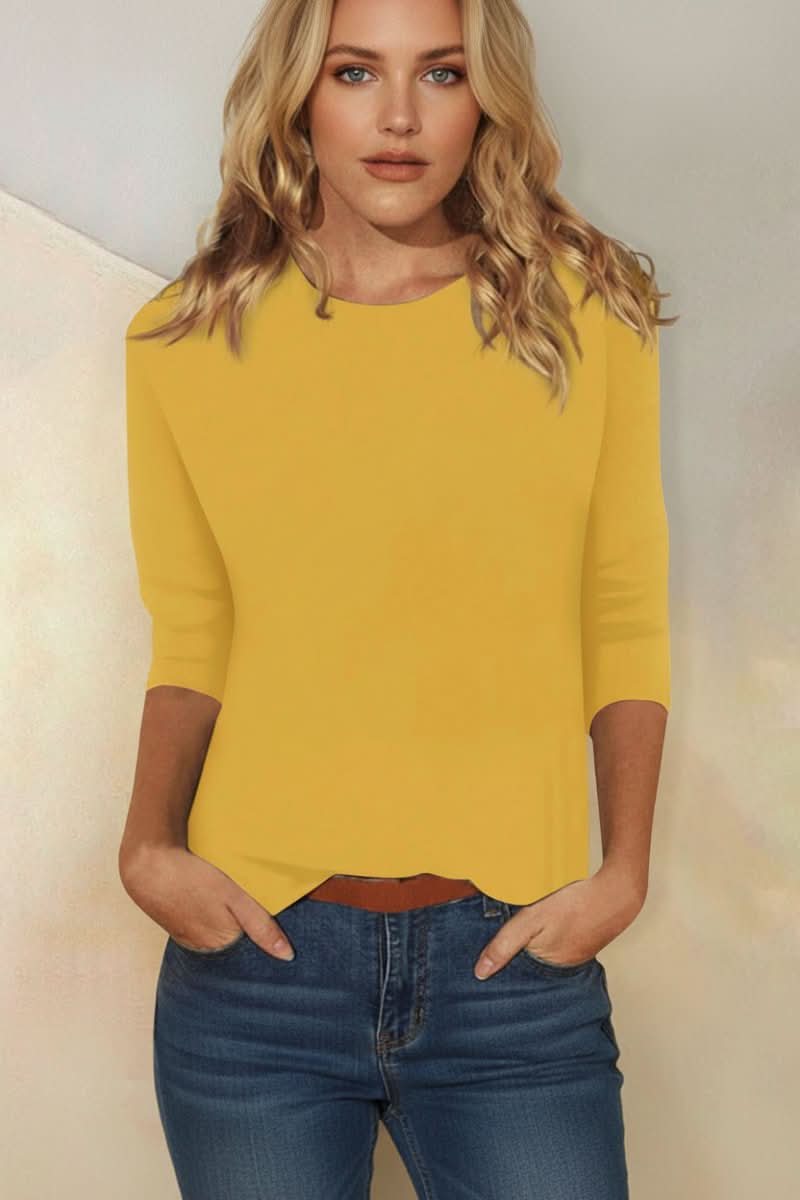 Elegant women's three-quarter sleeve blouse, ideal for evening outfits & dressy occasions. Chic summer top.
