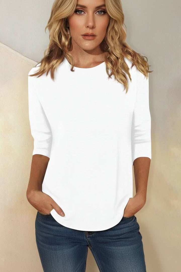 Versatile women's three-quarter sleeve top, an elegant & chic blouse for day-to-night wear. Comfortable style.