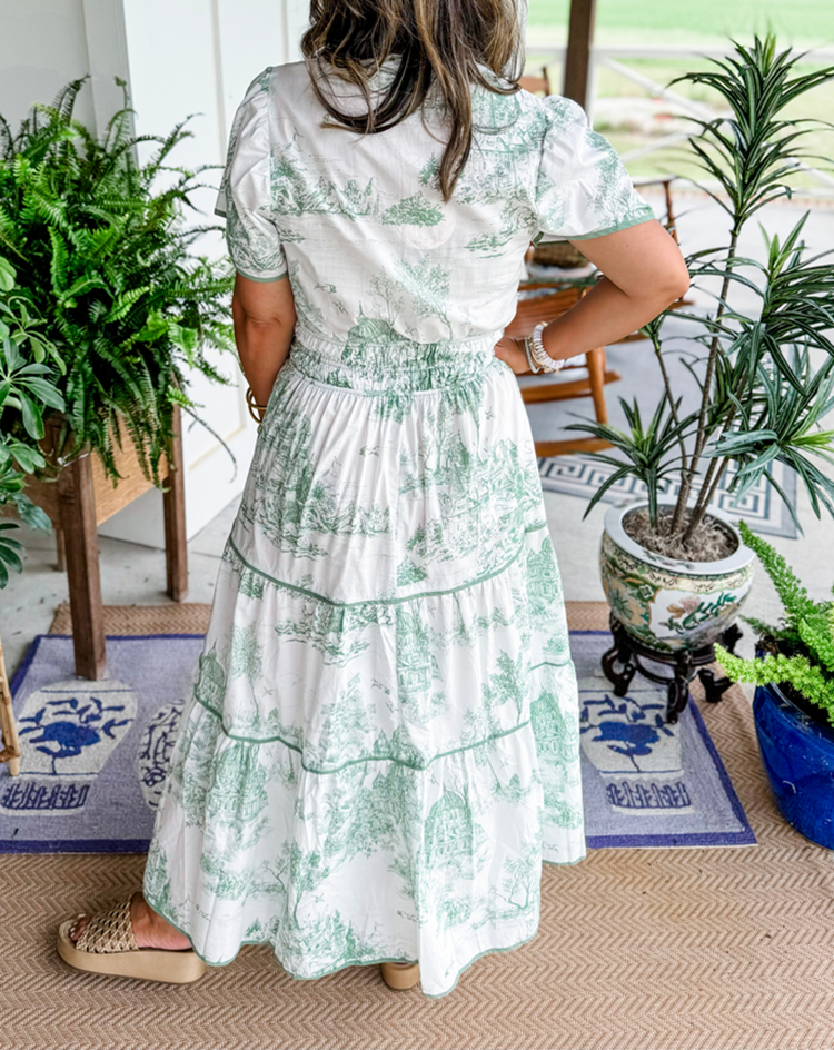 Puff sleeve tiered maxi dress for women, featuring a beautiful toile print; ideal for summer wedding guests.