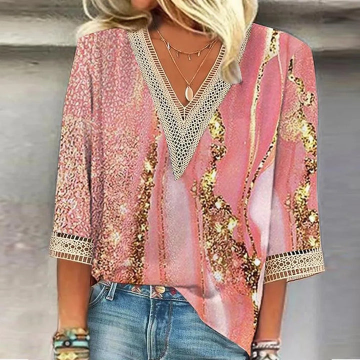 Chic Women's V-Neck Blouse in a light fabric, ideal for effortless summer fashion & casual wear.