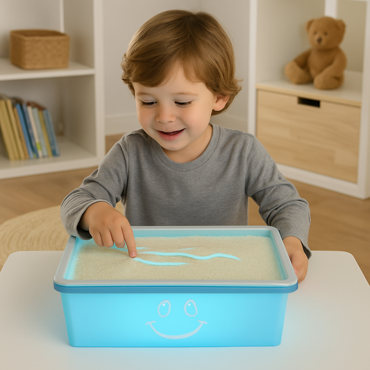 Child concentrating on creative sand play set, enhancing fine motor skills & calm