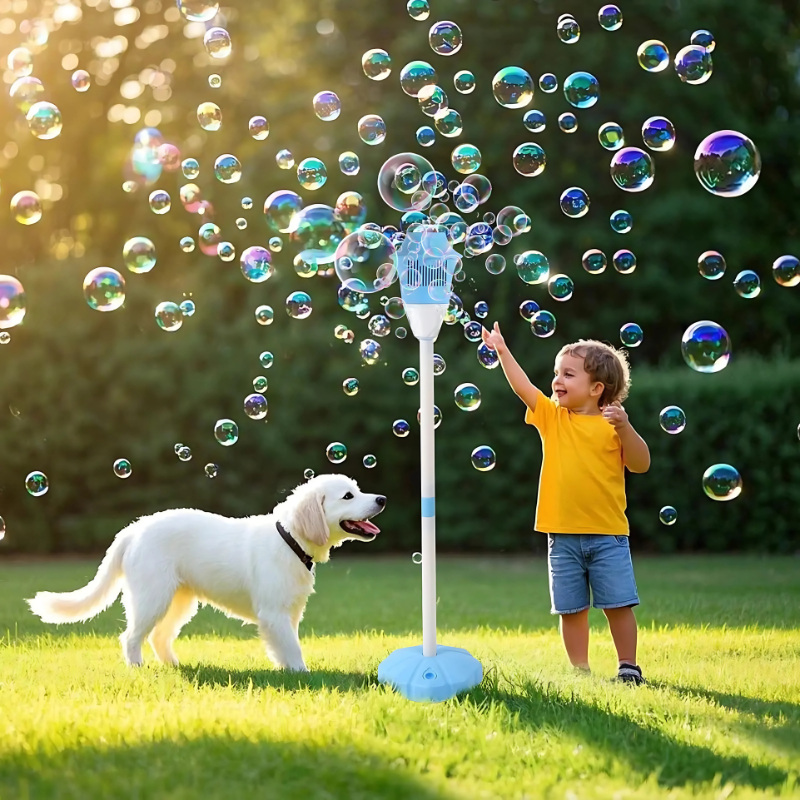 Child happily playing with a green dinosaur-shaped automatic bubble maker toy lighting up with colorful LEDs