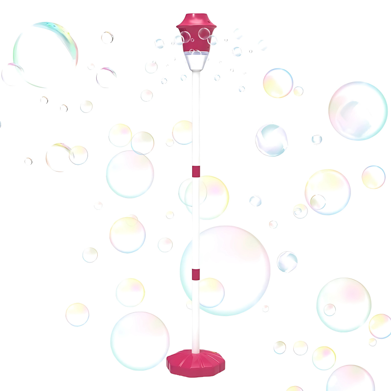 Side view of the portable automatic bubble maker for kids, showcasing its light-up feature and simple button operation