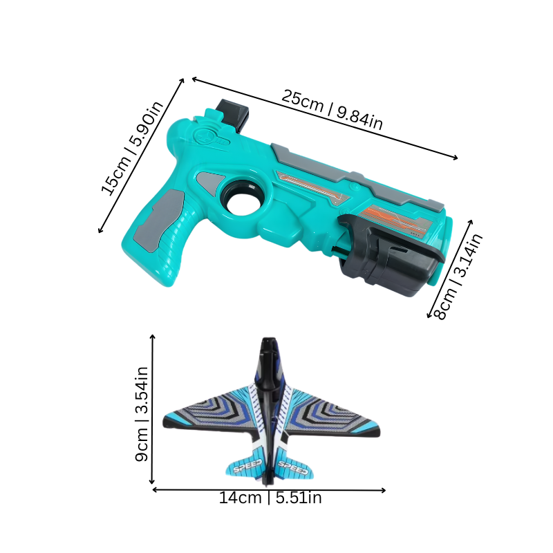 Kids' foam plane launcher toy in action, showing a durable foam plane soaring through the air for backyard fun.