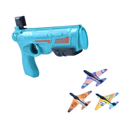 Close-up of a vibrant foam plane and its easy-to-use colorful launcher, perfect for children's outdoor play.