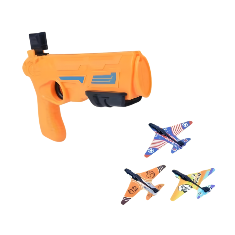A happy child mastering the foam plane launcher, an engaging flying toy that enhances coordination for kids.