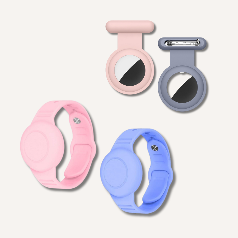 Child Locator Kit with small, colorful wristband tracker and handheld receiver for kid safety